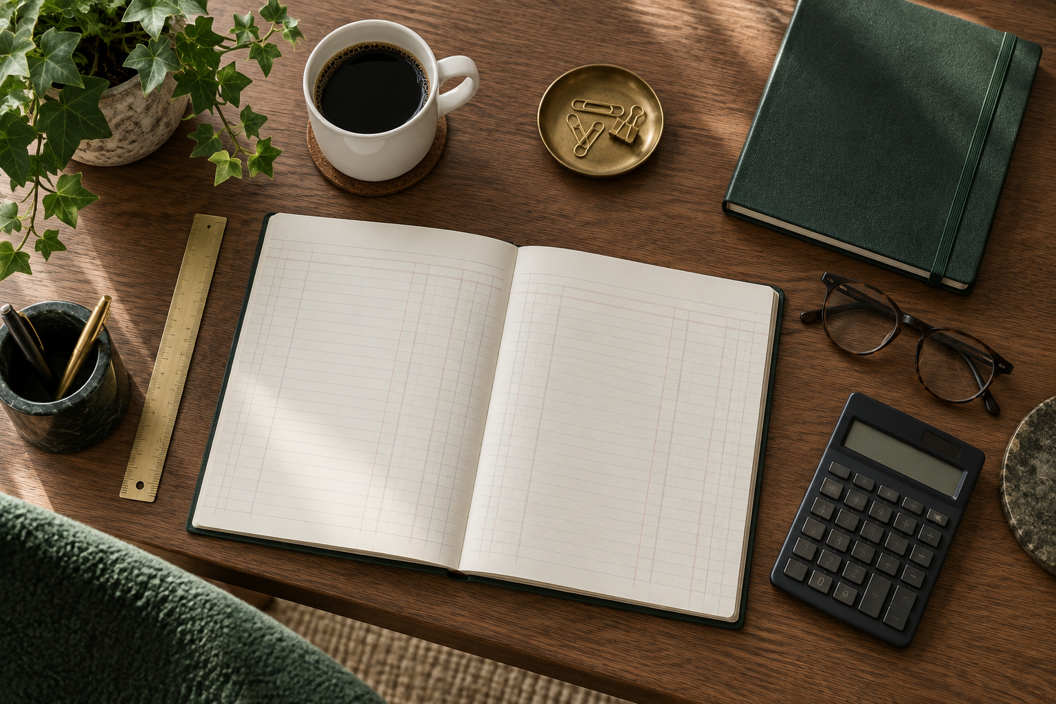 Accounting materials arranged on a walnut desk
