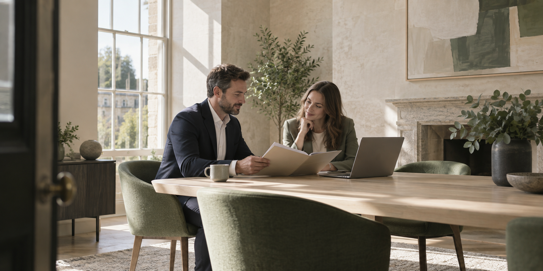 Two professionals discussing documents in a quiet meeting room